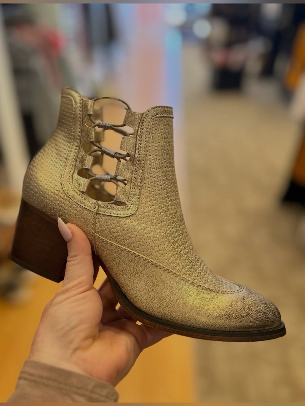 Metallic Taupe Ankle Bootie with Block Heel